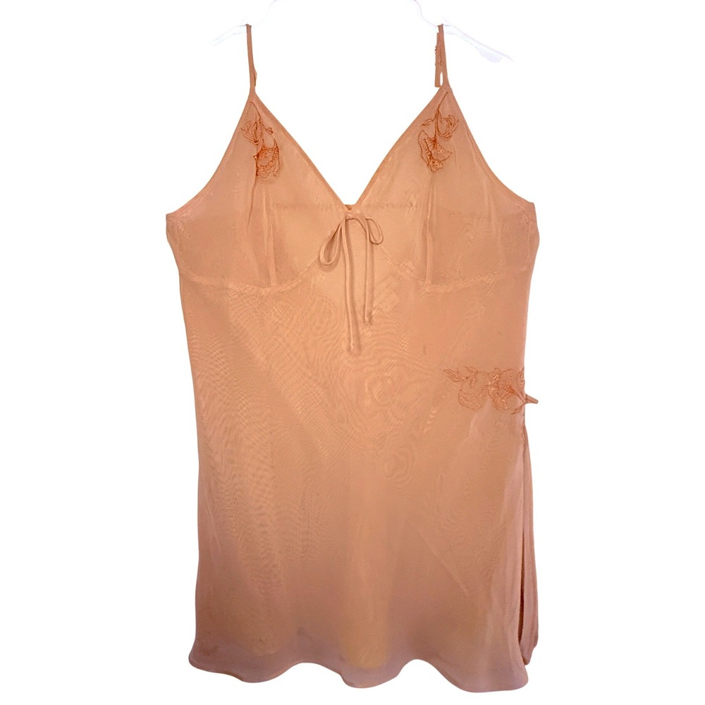 Romantic Women XL Peach Dusty Pink Sheer Floral Embroidered Chemise Nightgown
